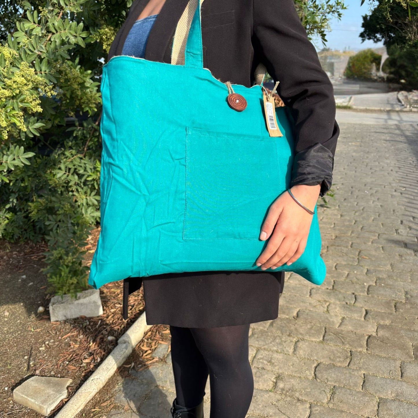 Reversible Jute & Cotton Big Bag - Teal