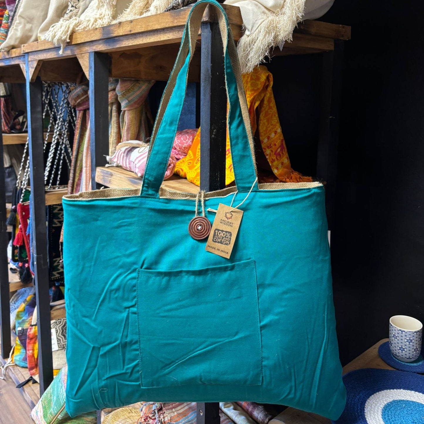 Reversible Jute & Cotton Big Bag - Teal